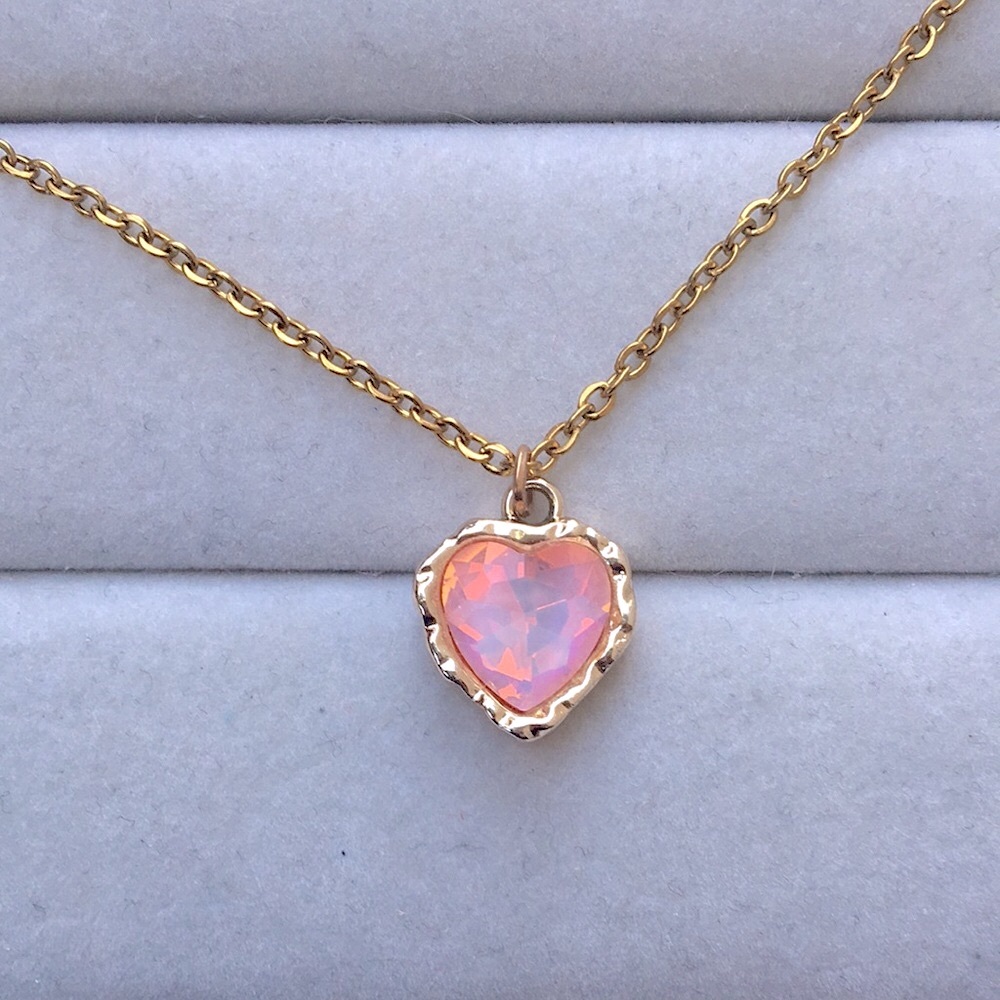 Peachy-Pink Opal Aurora Borealis + Gold Crystal Heart Drop Necklace